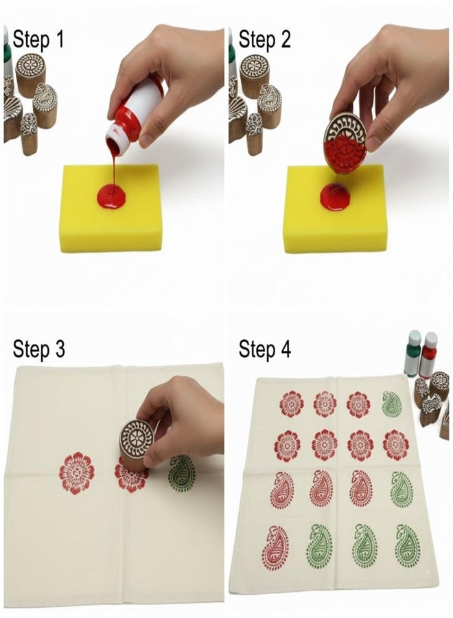 KHUSHA CREATIONS Wooden Block Printing Kit for Fabric Paper and Craft Handmade Wooden Stamps Set with Fabric Paints and Sponge DIY Textile Printing and Art Craft Tool (Any 5 Designs) - Image 4